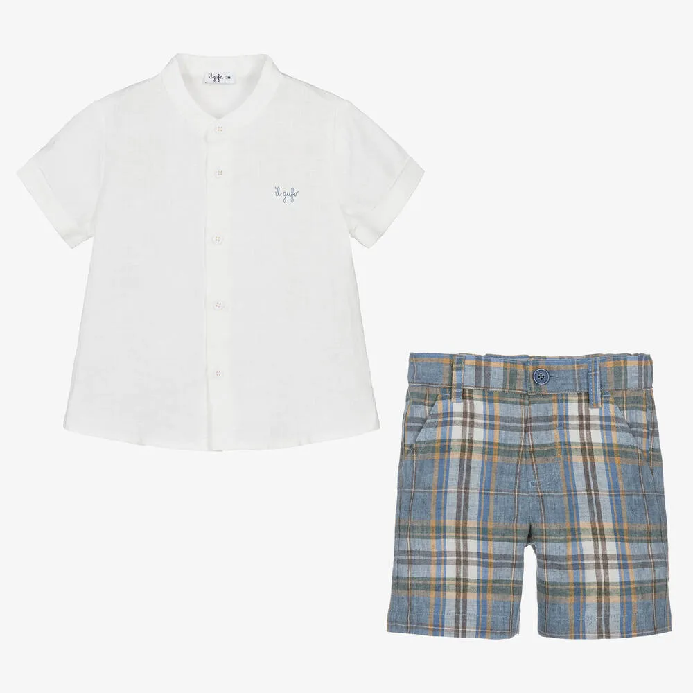 Boys Blue Check Linen Shorts Set