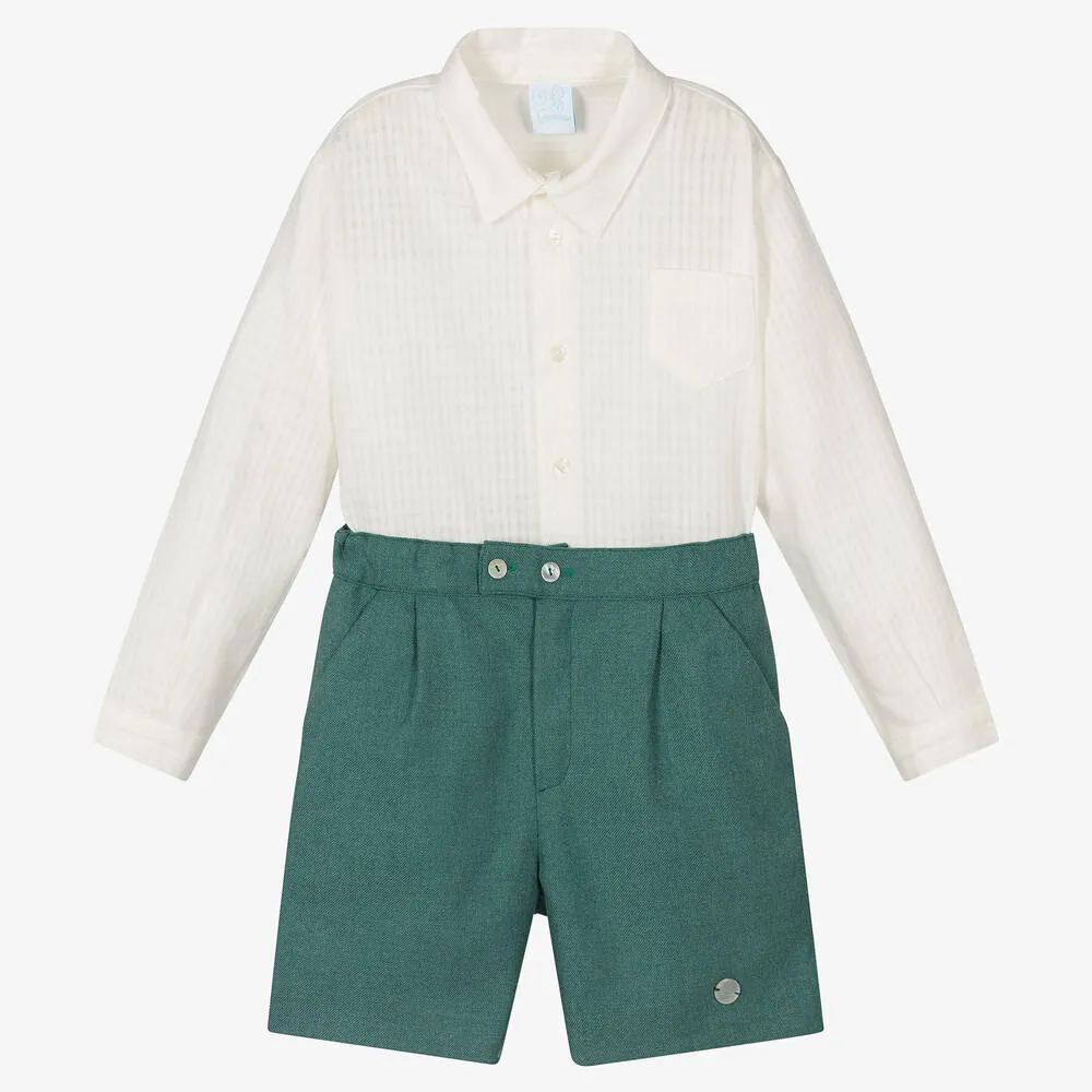Boys Ivory & Green Shorts Set