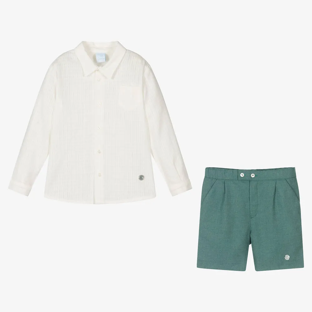 Boys Ivory & Green Shorts Set