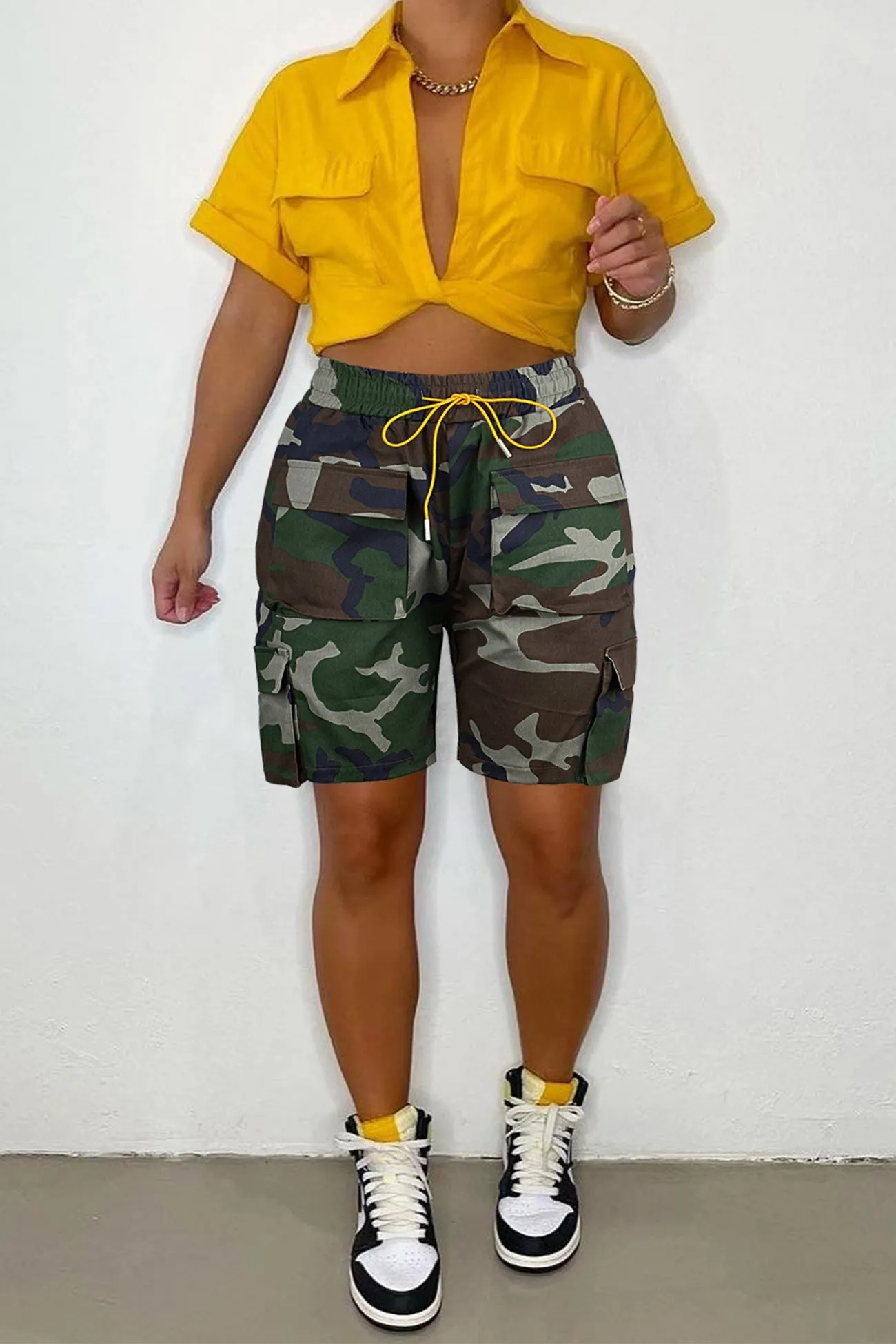 Camouflage Denim Multi-Pocket Cargo Shorts