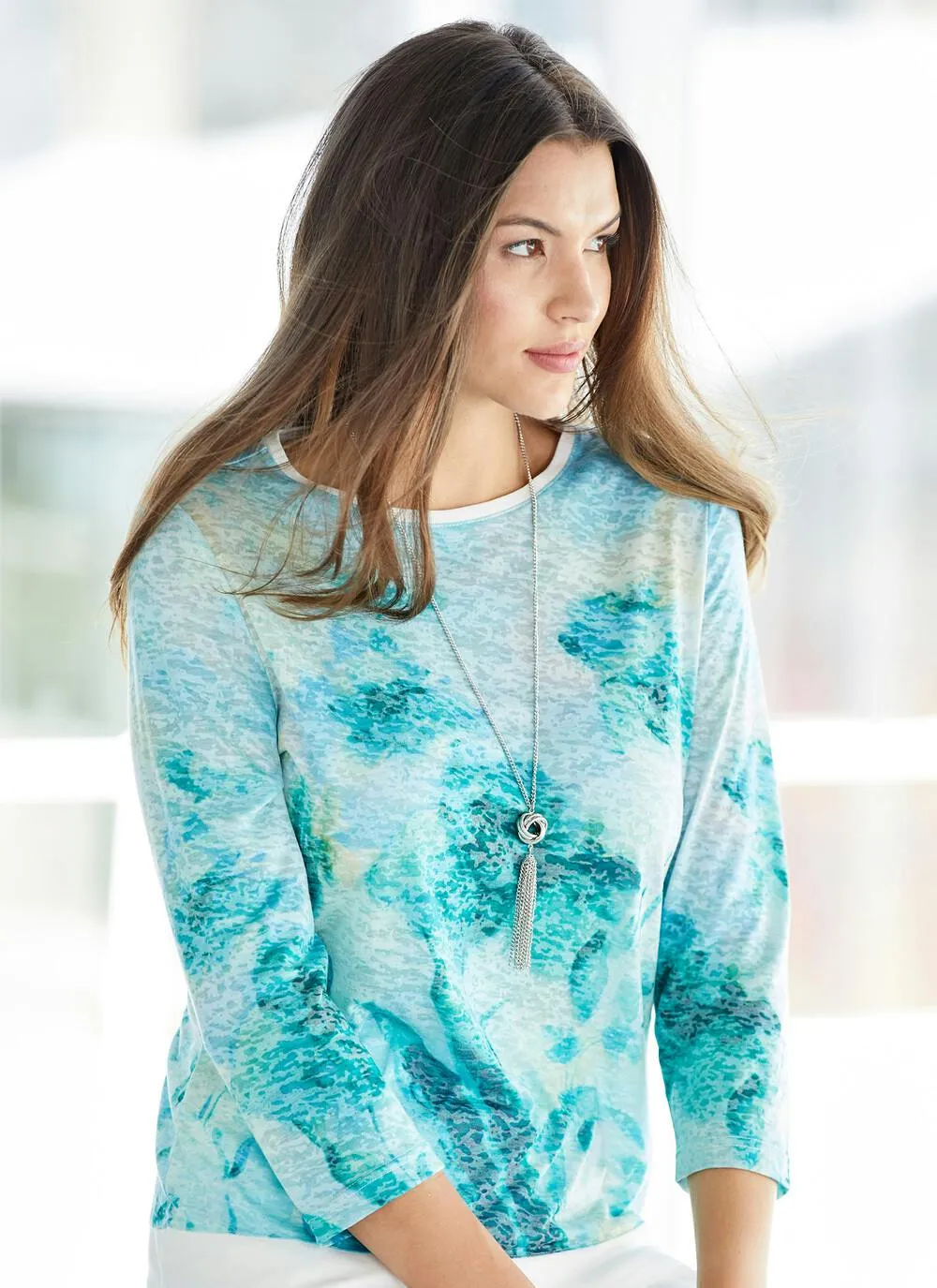 Dark Turquoise Sea Green Abstract Printed Jersey Top