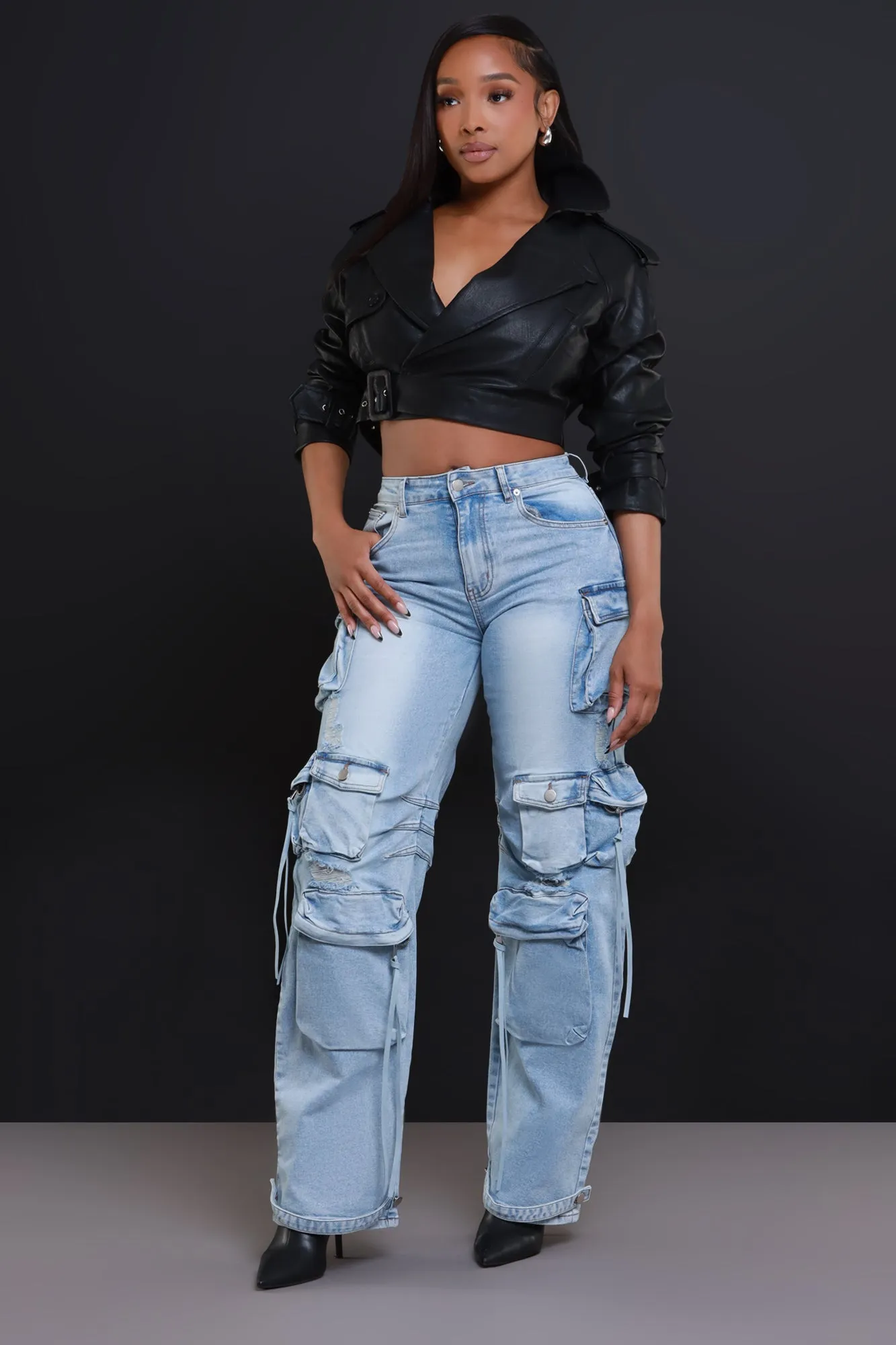 Down We Go High Rise Cargo Jeans - Light Wash