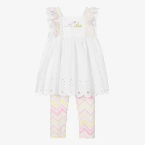 Girls White Cotton Zigzag Leggings Set