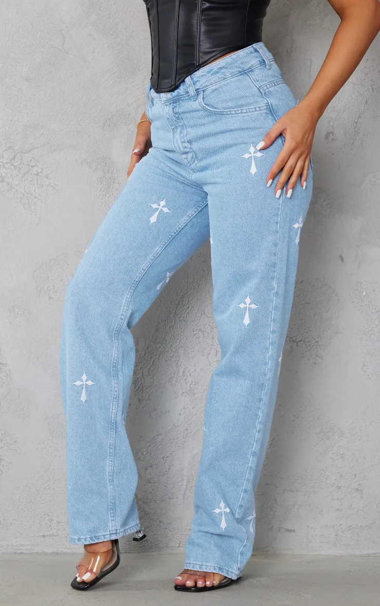 Light Blue Wash Cross Long Leg Straight Leg Jeans