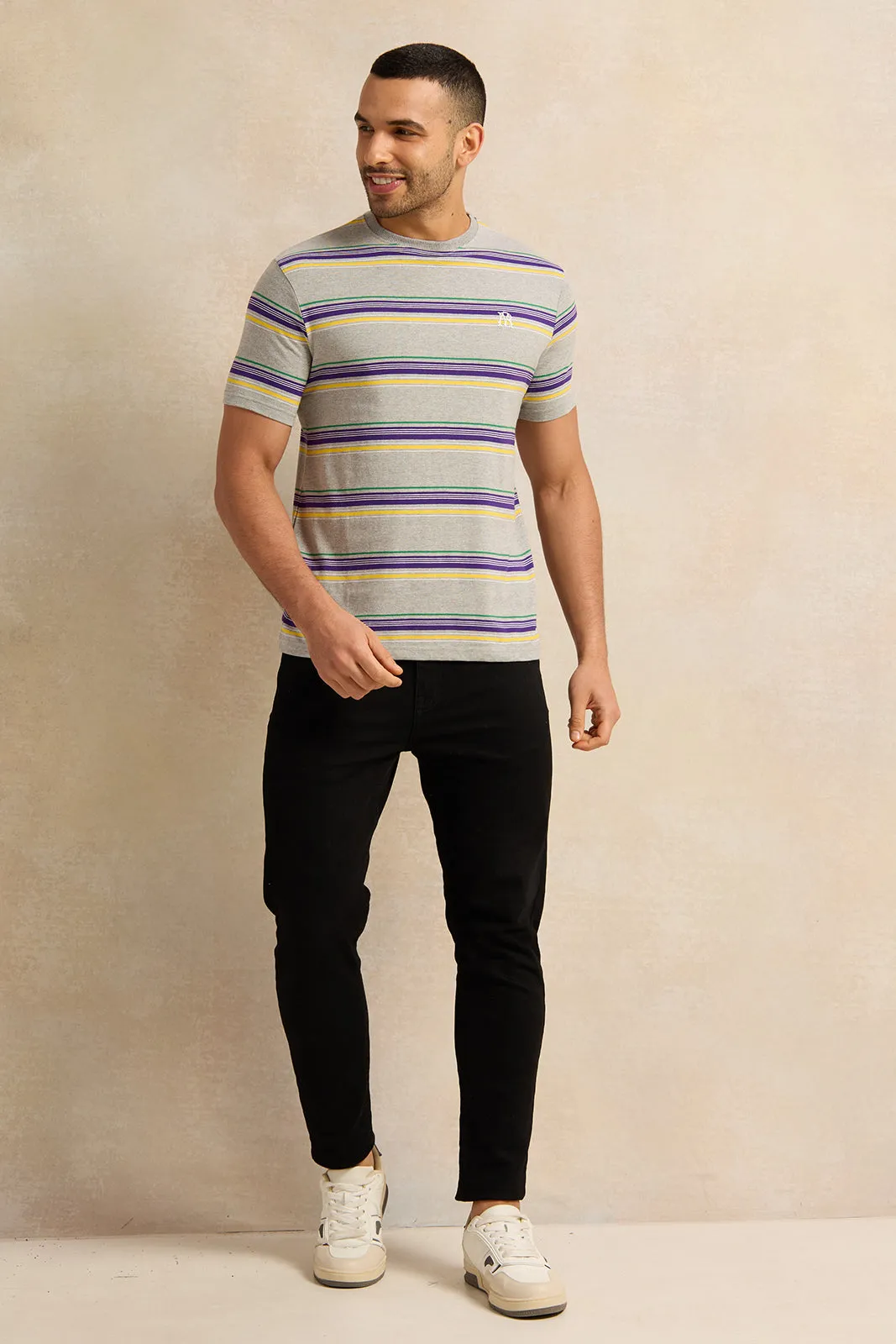 Men Grey Striped T-Shirt