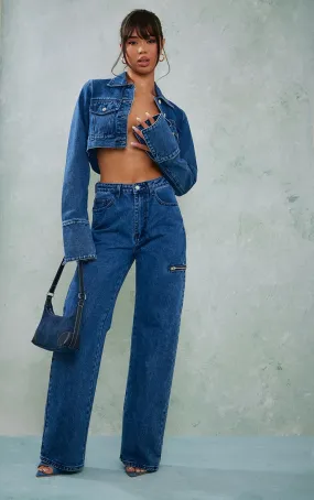 Mid Blue Wash Thigh Zip Detail Straight Leg Jeans