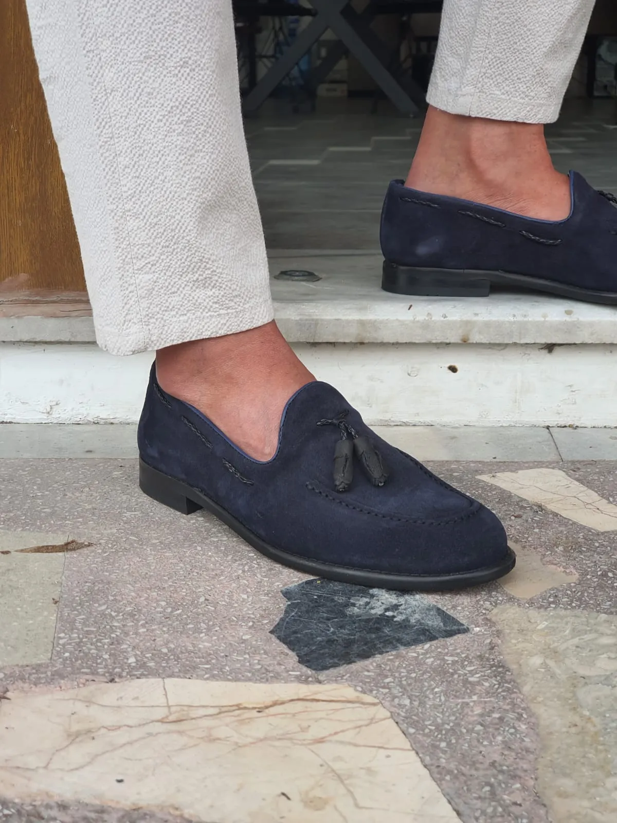 Monteri Navy Blue Suede Tassel Loafers