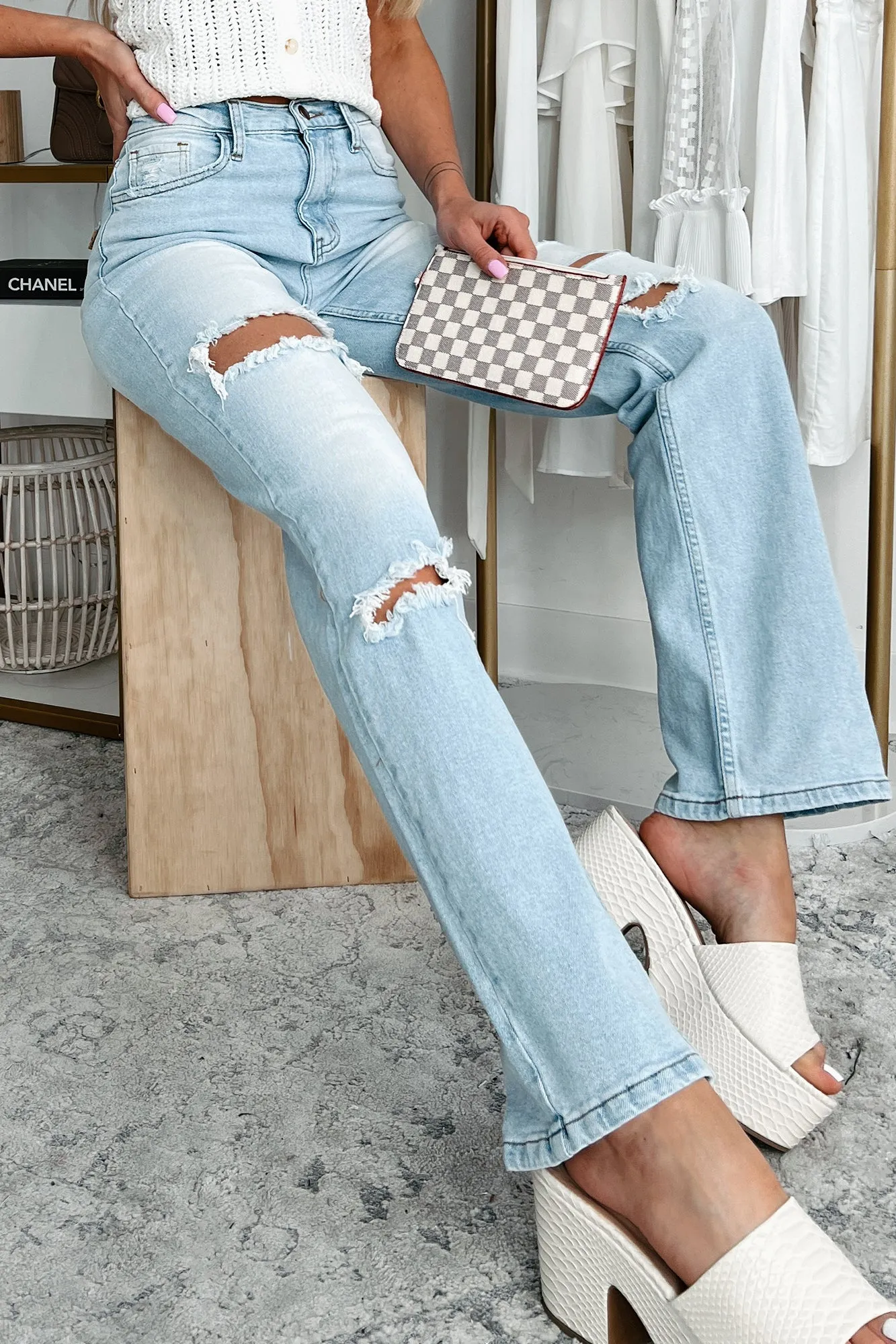 Only Good Days High Rise Distressed Wide Leg Jeans (Light)