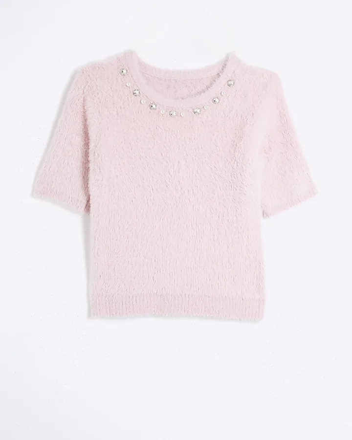 Pink fluffy knit t-shirt
