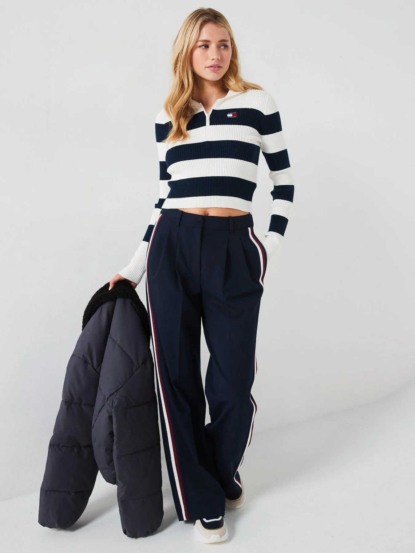 Tommy Jeans Stripe Half Zip Hooded Jumper - White